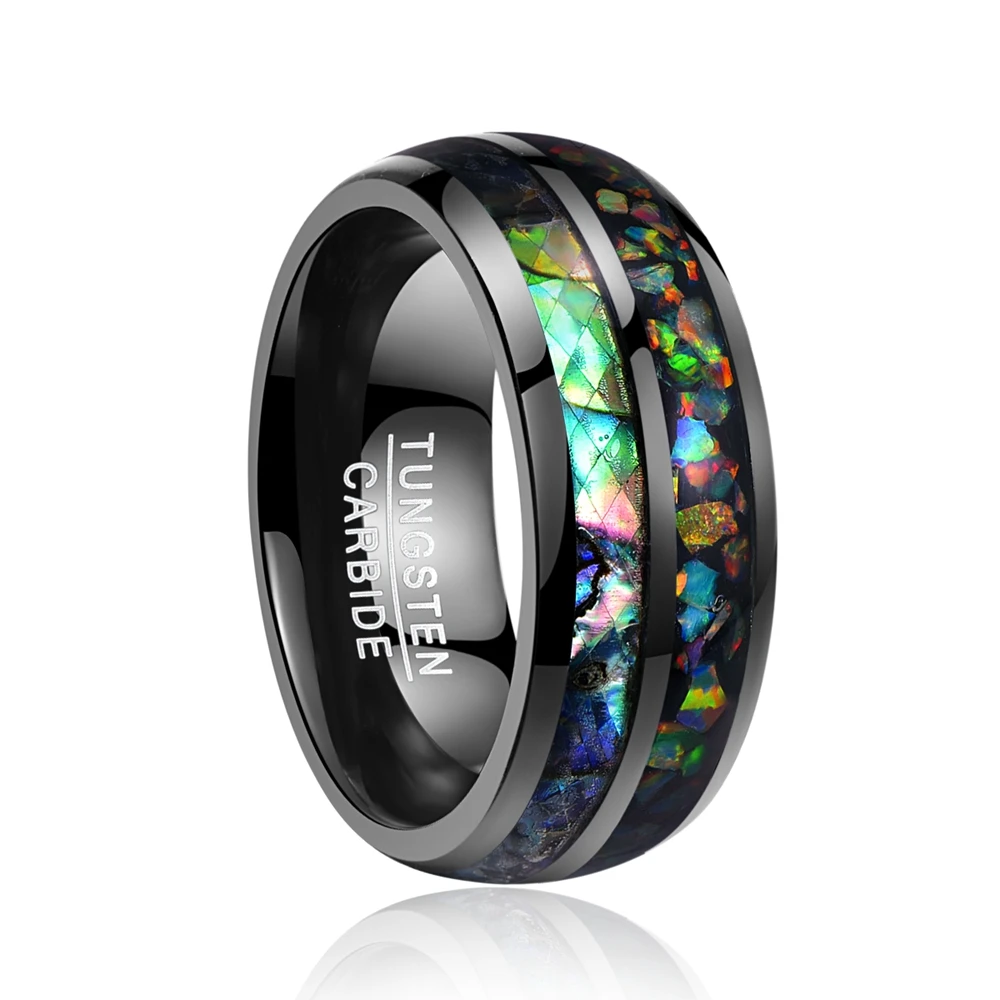 Wholesale 8mm IP Black Inlaid Shell Opal Dome Wedding Bands Tungsten Steel Rings For Men Jewelry