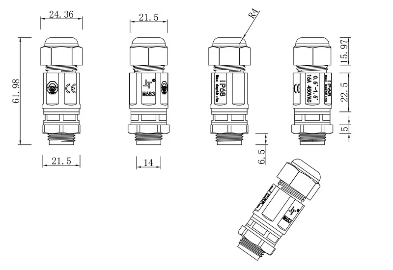 Cable to  panel IP68 waterproof 3 pin connector M683 for 5-10mm cable connection