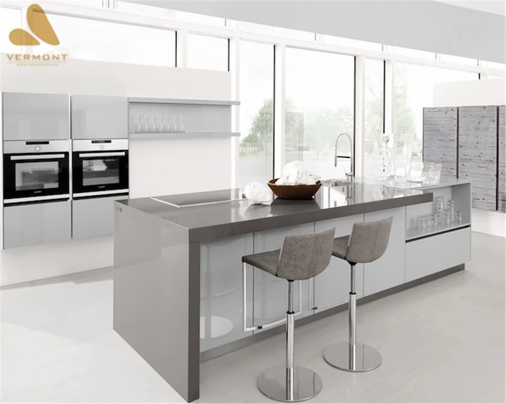 2022 Hangzhou Vermonhouse Grey Color Modern Kitchen Cabinet Designs New Model with Island High Gloss Metal Kitchen Furniture