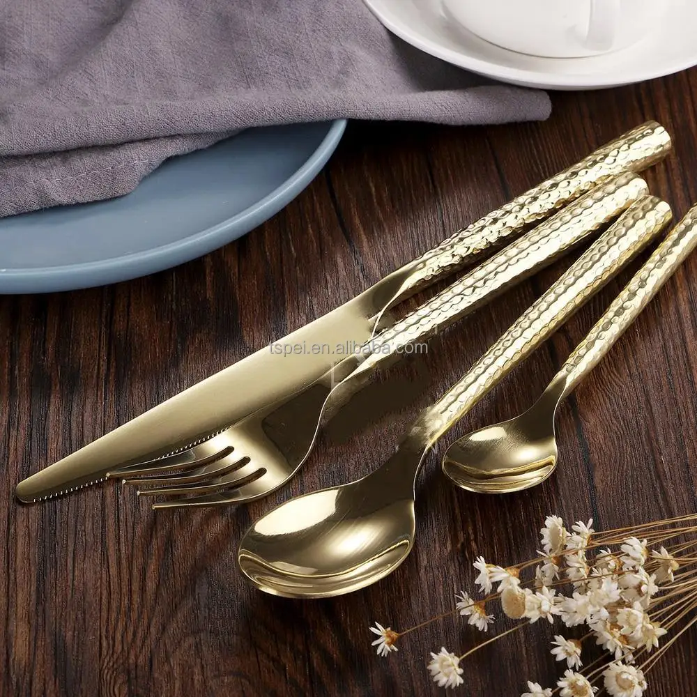 
Flatware Stainless steel 4 piece gold plating hammer cutlery with round handle Set Restaurant home wedding party Dinnerware set 