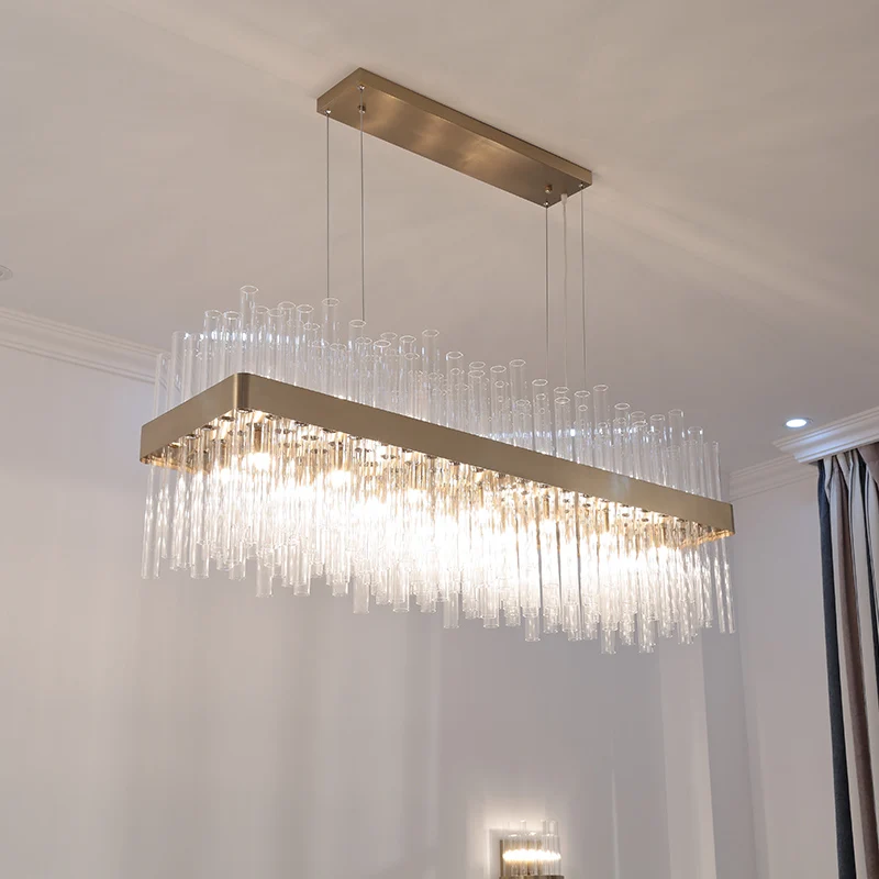 Large Modern Commercial Rectangle Golden Glass Tube Hotel Lobby Chandelier Lighting Imported from China for Living Room Use