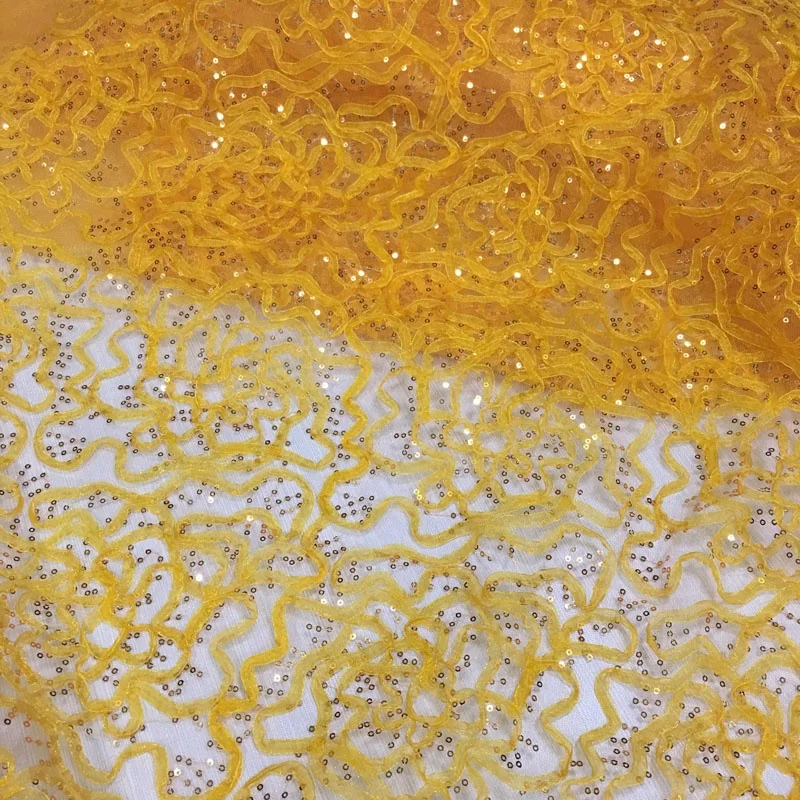 allover 3mm sequin lace embroidery tulle fabric with organza ribbon cord lace fabric for dress clothing