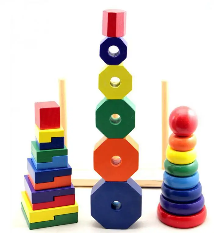 Geometric set column tower Mongolian early education teaching aids colorful building blocks wooden geometric toys for Kids