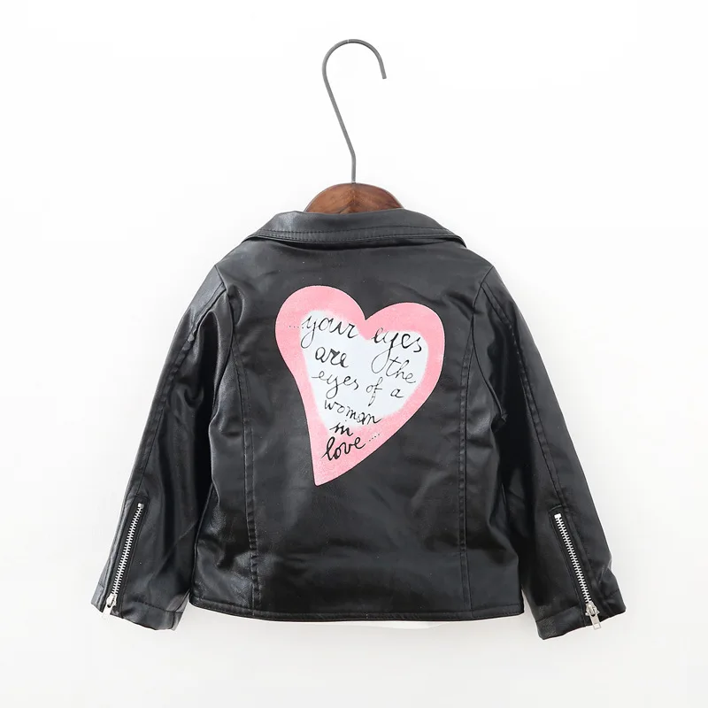 Hao Baby 2022 New Style Fur Coats Kid Black Leather Jacket Children Short Lapel Love Printed Jacket