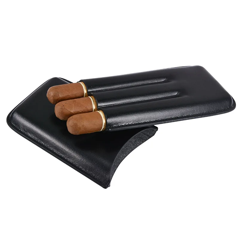 Luxury Black Leather Cigar Travel Case 3 Tube Custom Leather Cigar Holder