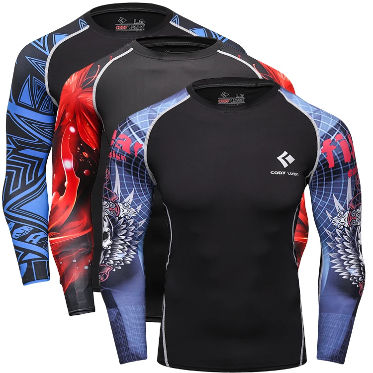 Custom logo 3d printed shirt men mma long sleeve rash guard waist band with rubber