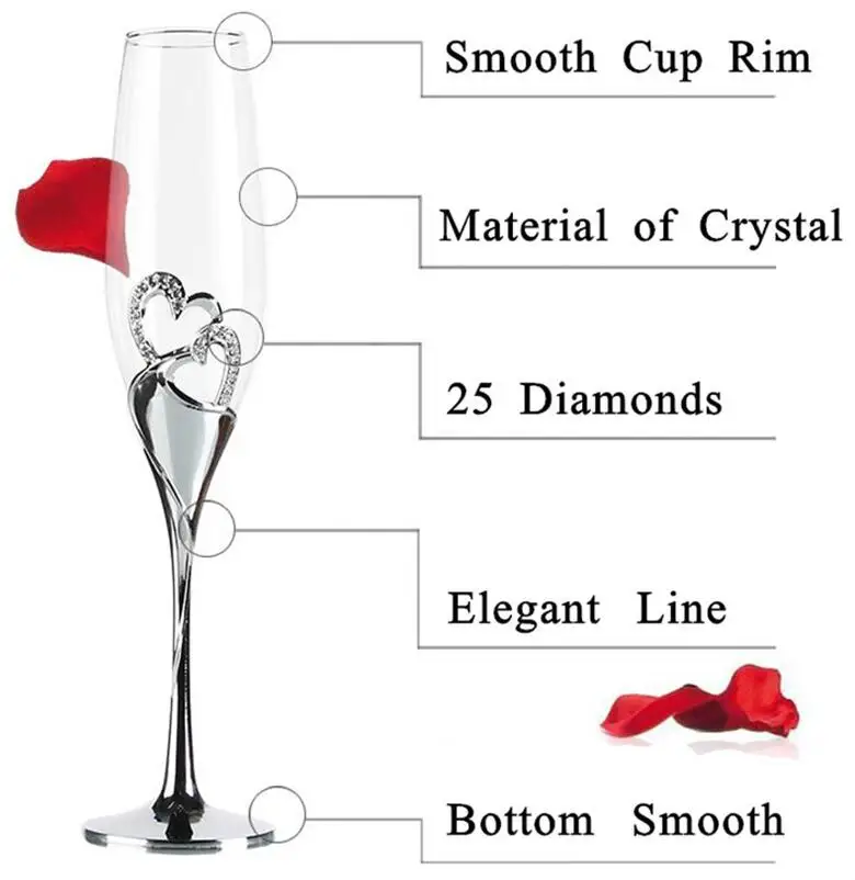 NEW 200-300ML Long Wedding Champagne Wine Glasses Crystal Silver Plated Toasting Flutes Cup for Party Decoration Gifts
