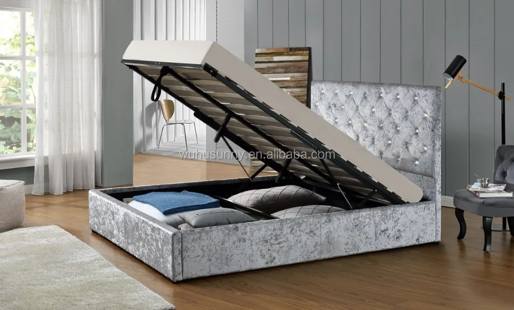 Fabric bed frame with gas lift storage