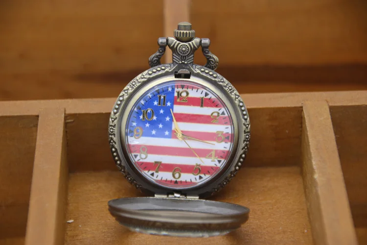 Retro bronze USA flag dial pocket watch anniversary gift pocket watch