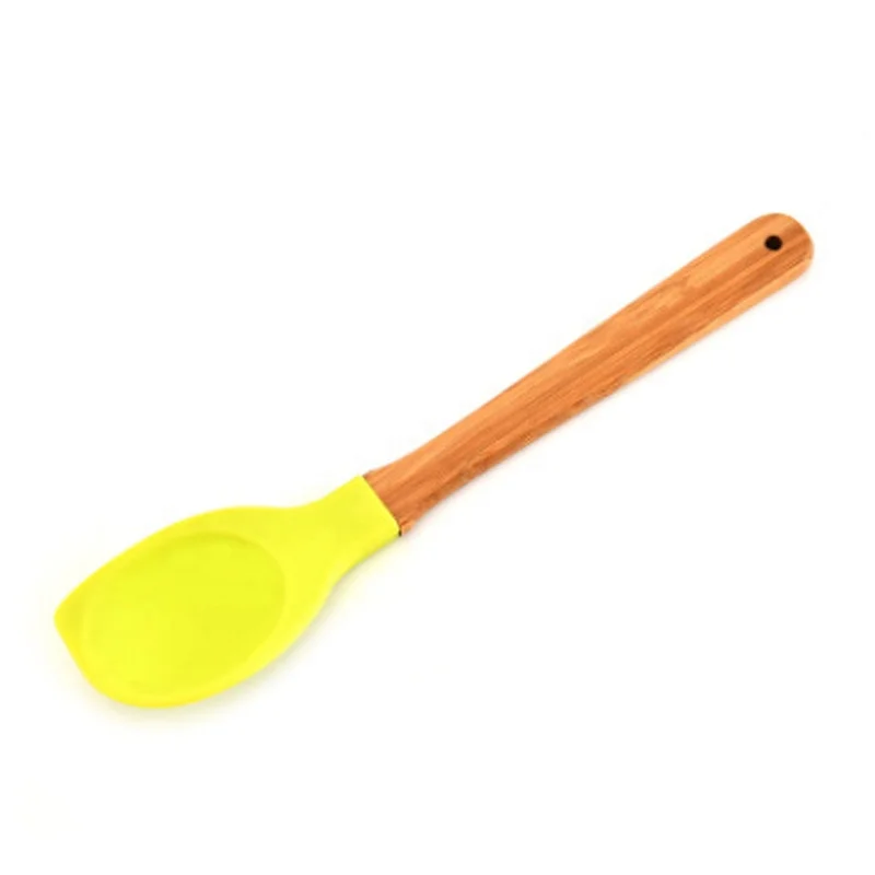 Classical red/yellow silicone head wooden handle spoonula and spoon set for making salad