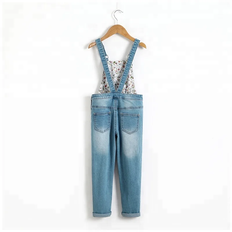 OEM China guangdong girls elastic washed denim suspender jeans trousers