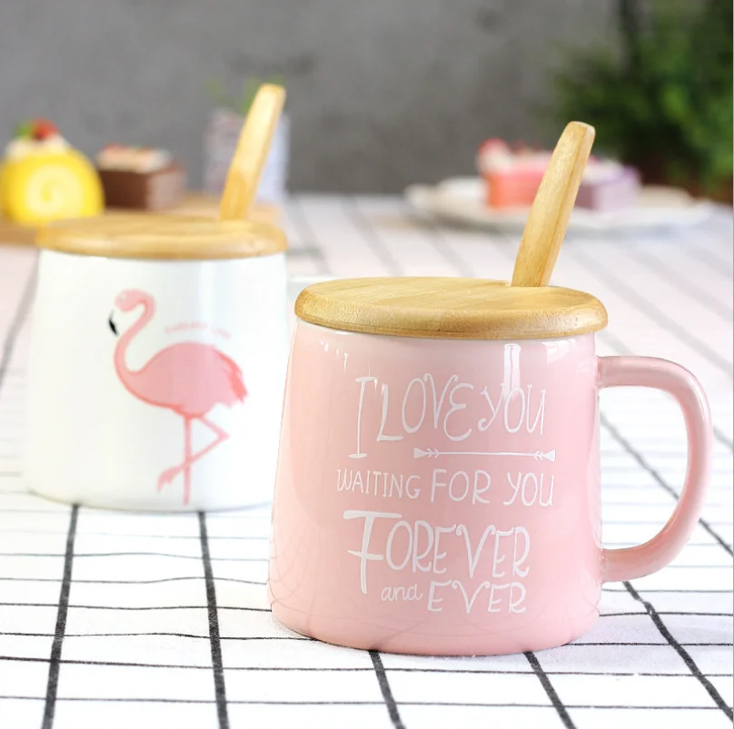 Flamingo Milk Mug with Lid Spoon Cute Ceramic Creative Coffee Mugs Porcelain Tea Cup Home Office Drinkware Gifts