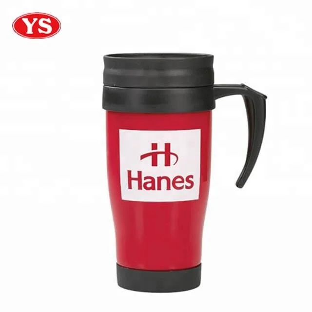 double wall 14oz non-spill plastic auto travel mug with handle