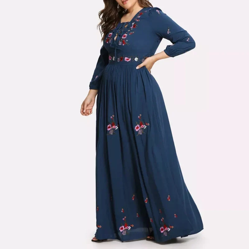 Осенняя одежда плюс шнуровка спереди цветок вышитое платье макси Толстые Женщины Цветочное Ночное