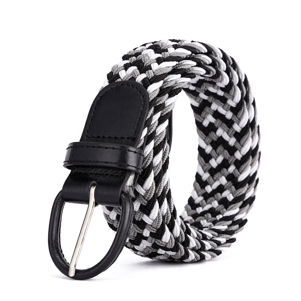 Braided Woven Elastic Stretch Belt With Matching Leather Covered Buckle