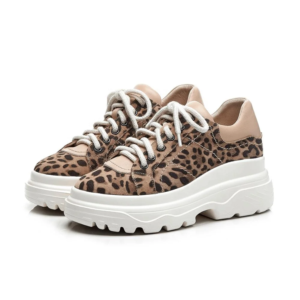 
MANRINO-0376 Unit Thick Sole Sports Shoes Lace Up Leopard Print Suede Upper Girls Fashion Sneakers 