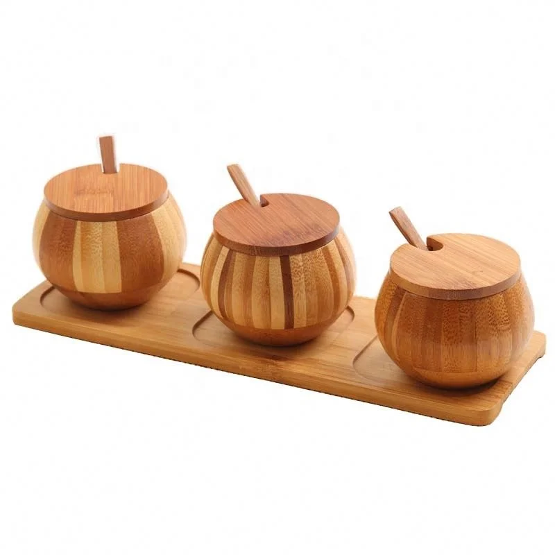 Natural bamboo salt and spice box with spoon hole spice jar salt shaker mixing bowl