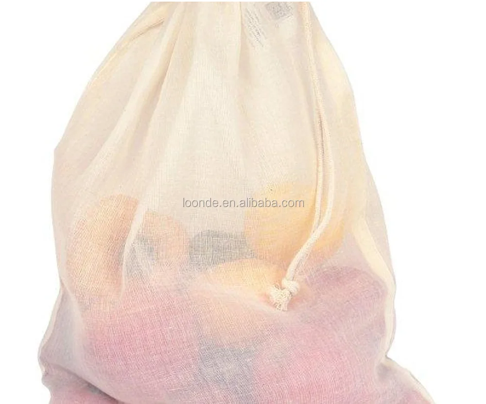 Eco drawstring natural cotton gauze produce bag or cotton mesh tote bag