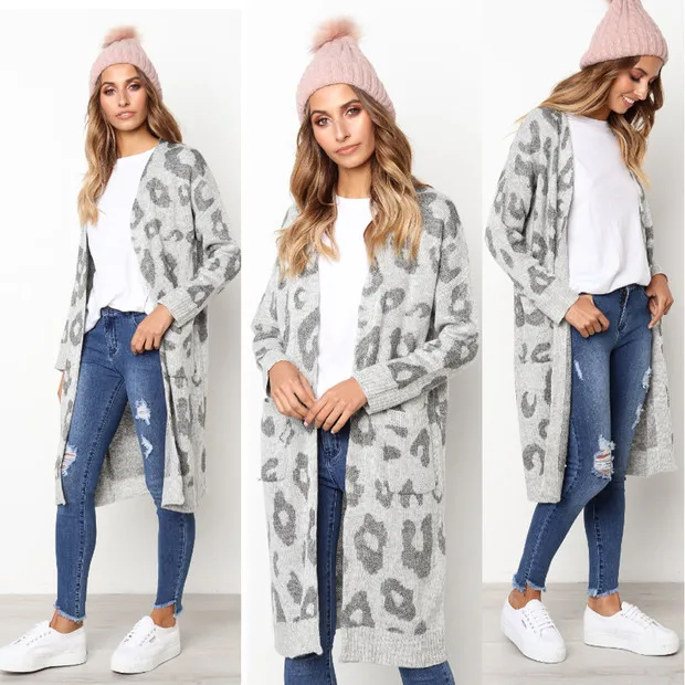 Women autumn leopard knitted long cardigan long sleeve sweater overcoat for female 2022 autumn new outerwear coats