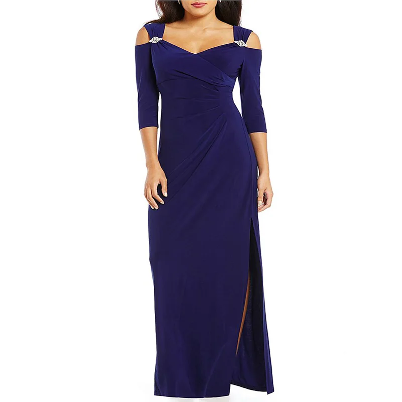 Sweetheart neck R&M Richards Cold-Shoulder Back zip Rhinestone trim at shoulders 3/4 sleeves Bead-Trim Sweetheart evening Gown