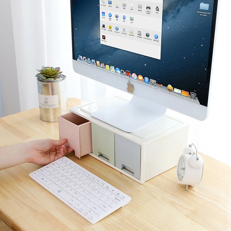 Multifunctional Plastic Desktop Computer Monitor Stand Riser with Drawers