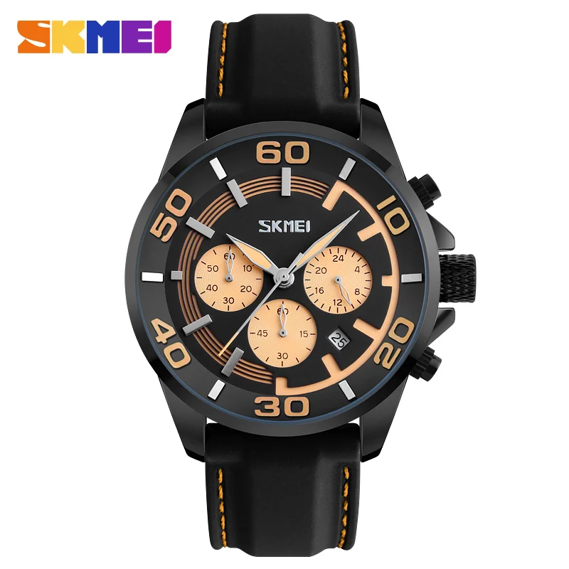 SKMEI 9154 mens luxy three dial genuine leather quartz watch