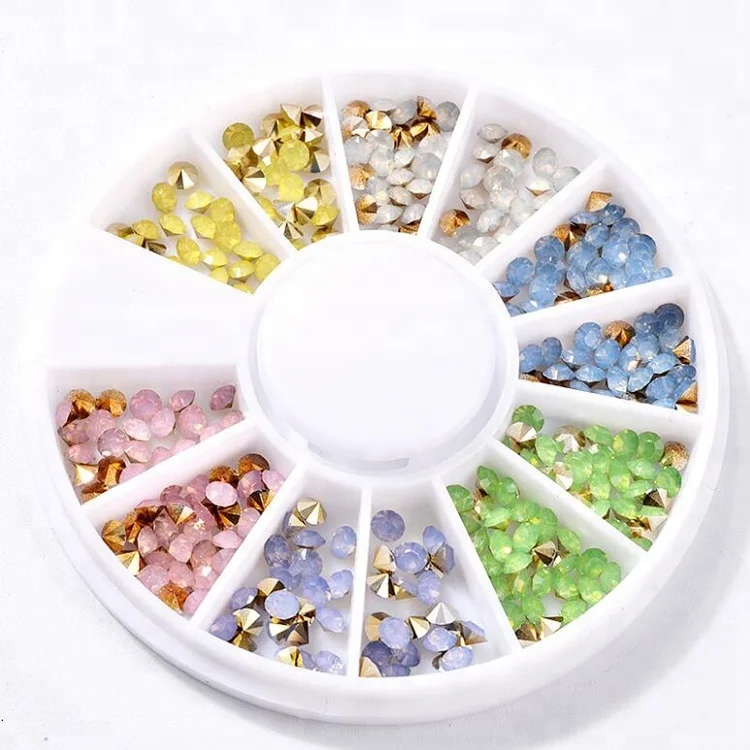 Top Point Crystal Opal Stone Rhinestone 3D Nail Art Designs with 12 Color Mixed Wheel Box for DIY Finger Nail Art