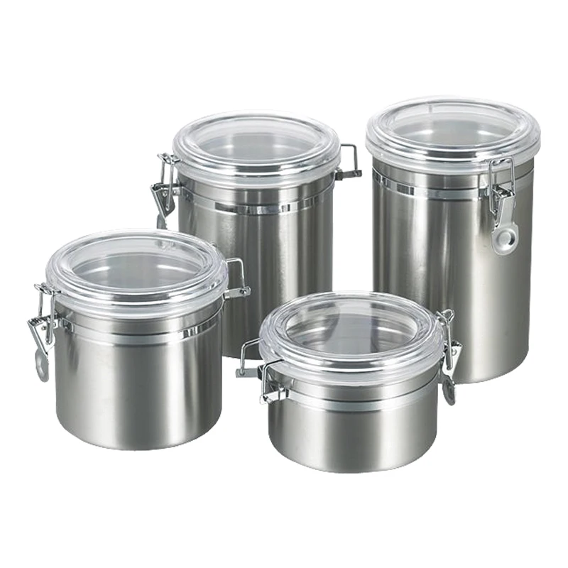 4pcs Food Sealed Airtight Round Kitchen Stainless Steel Coffee Sugar Tea Bottles Seasoning Jar Food Storage Canister Jar