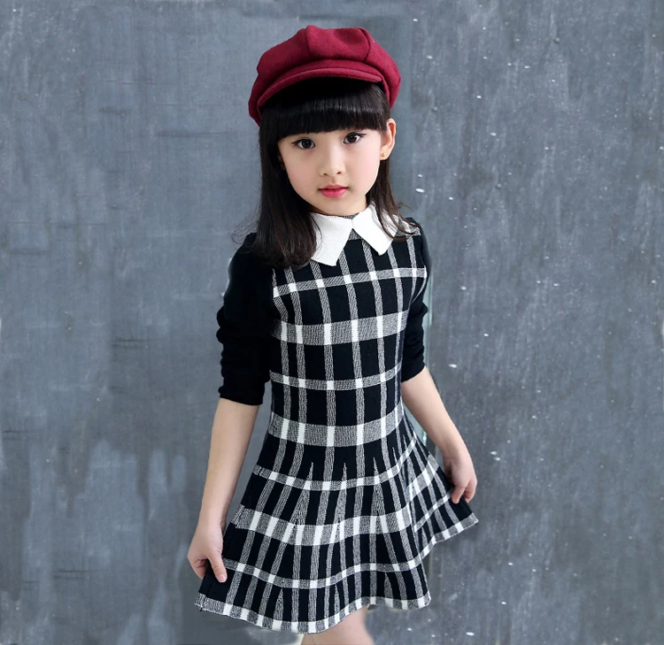 
Soft fabric girls square collar long sleeve casual checked sweater dress 