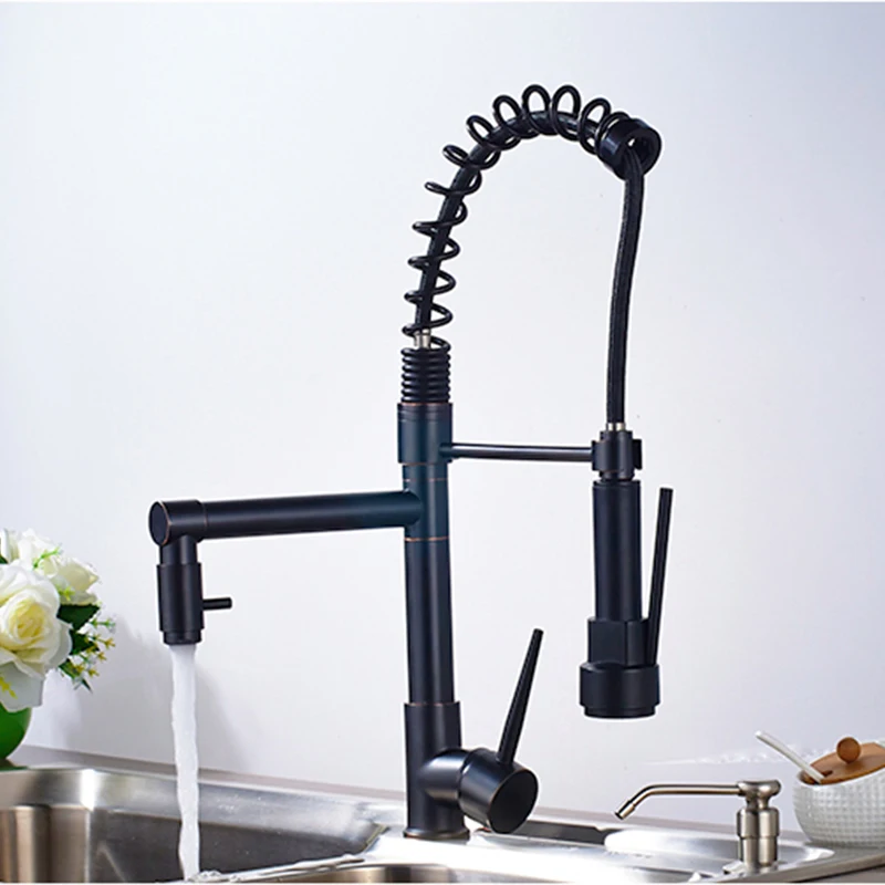 ORB  Dual Spout Spring Kitchen Sink Faucet LED Light Hot Cold Kitchen Mixer Taps 360 Degree Rotate Spout Kitchen Faucet Mixer