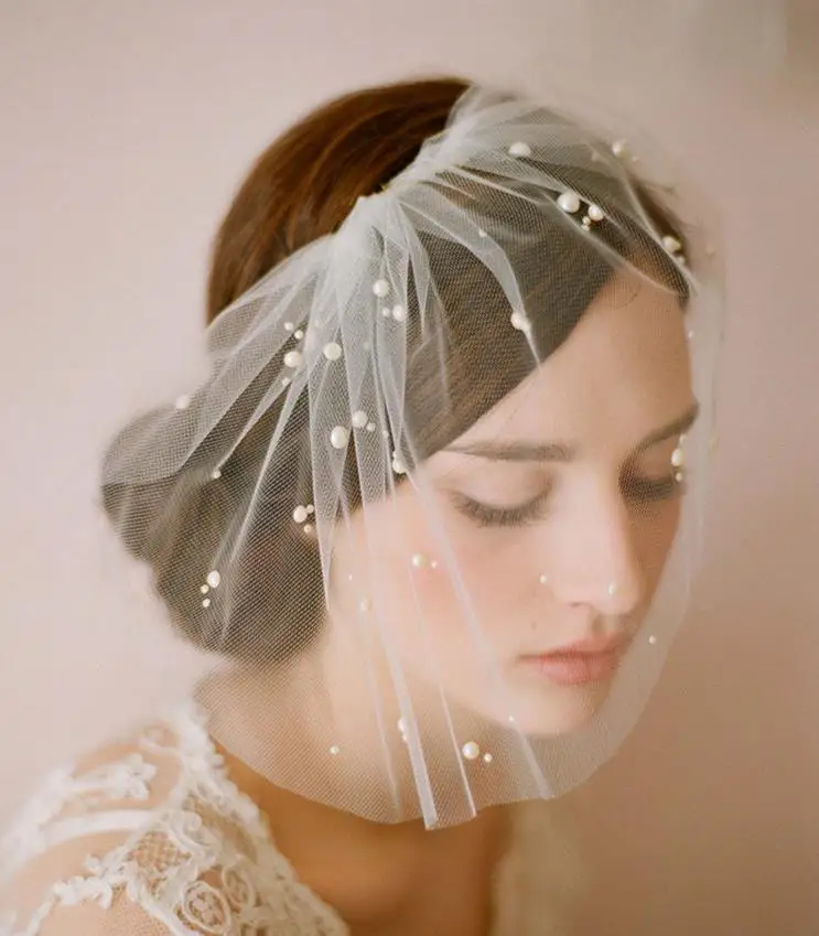
Half pearl bride cover veil custom wholesale soft net wedding short veil brigade wedding dress veil accessories 