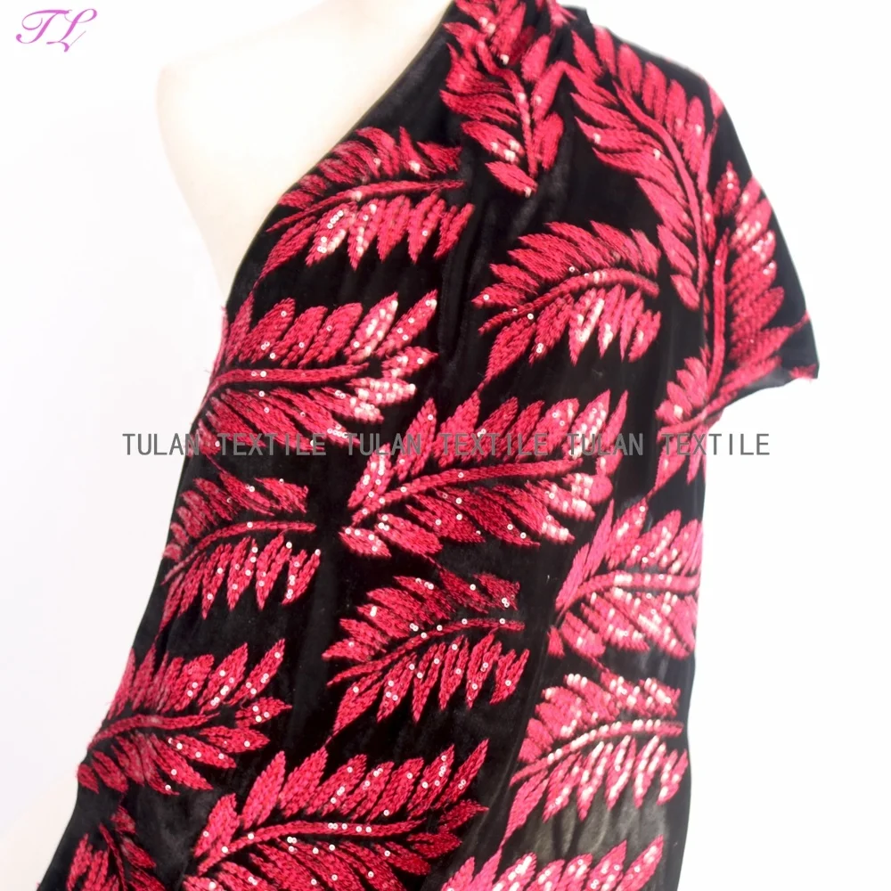 Red leaf sequin embroidery velvet fabric for garment dress and decoration