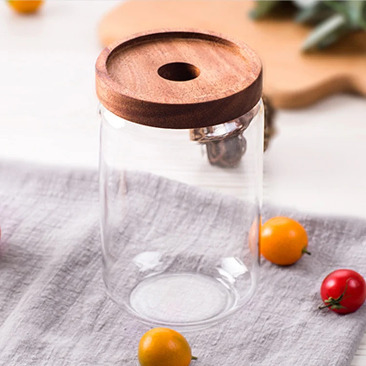 eco friendly cookie honey glass jars storage containers with acacia wood lid