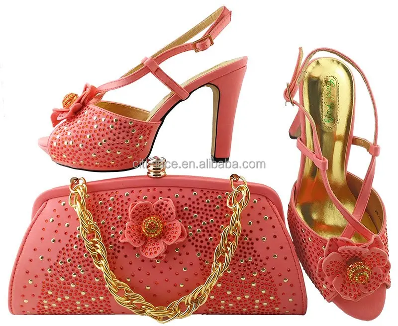SH068-4 Latest italian shoes and bag sets peach color /matching shoes and bags stones ronament