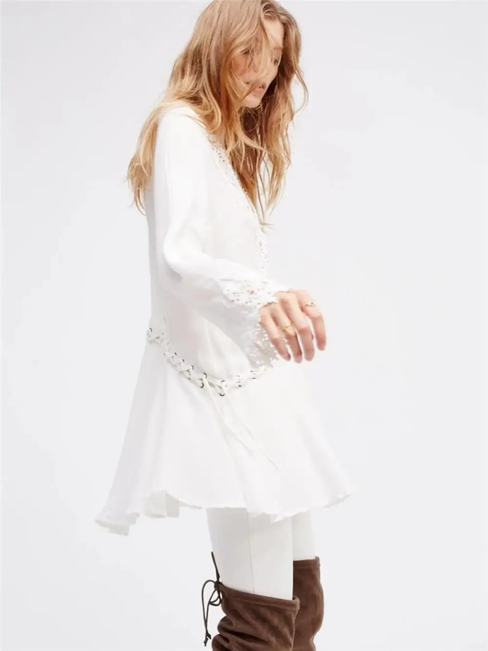 Lady V-Neck Long Sleeve Boho Sexy Deep Hook-Out Openwork Lace Midi Dress