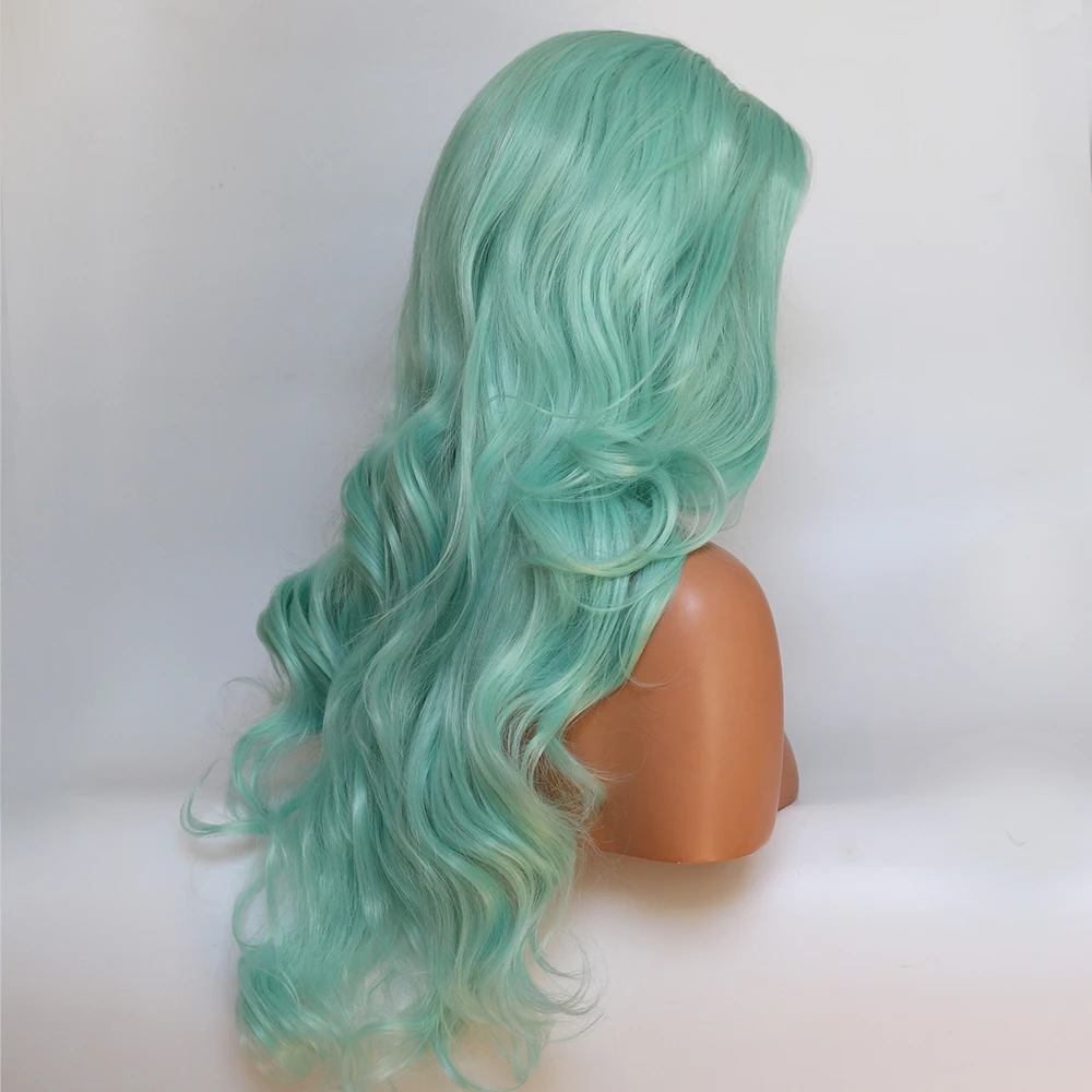 Fantasy Beauty Glueless High Temperature Heat Resistant Fiber Hair Long Wavy Mint Green Synthetic Lace Front Wig for Drag Queen