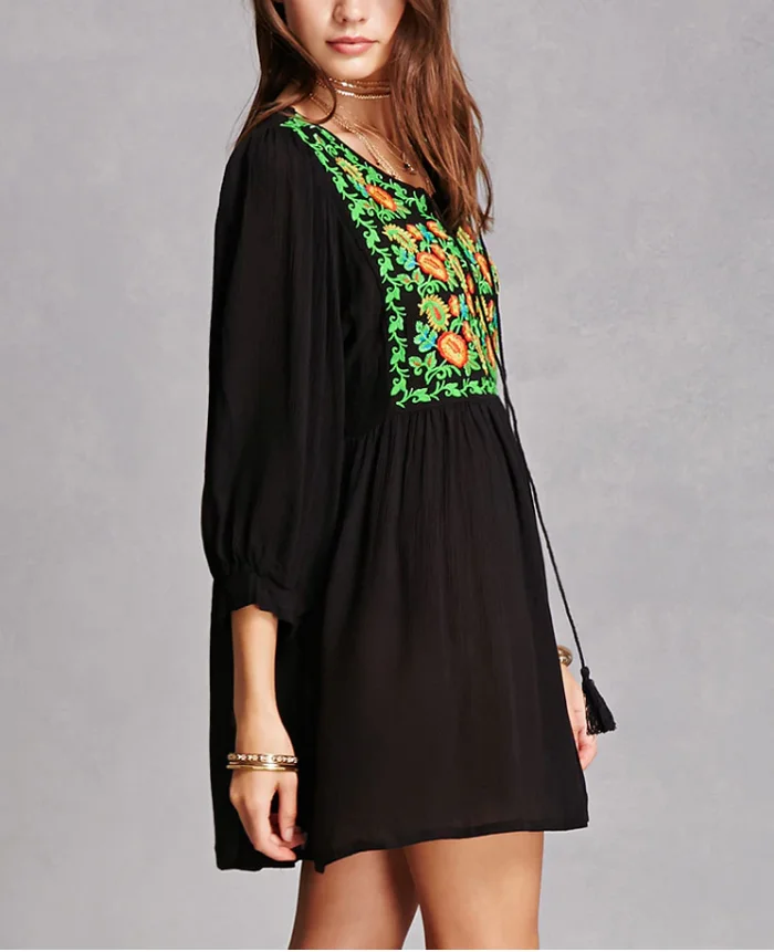 High quality fashion women wear embroidery long black tunic blouse