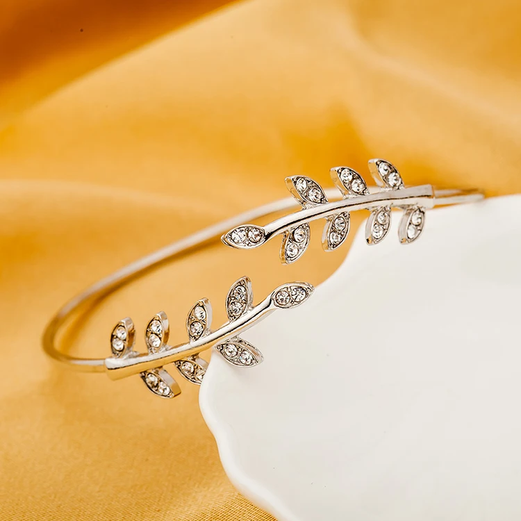 Korea Style Elegant Crystal Leaves Open Bangle Silver Gold Simple Cuff Bracelet for Women Accessories Pulseira Feminina Braslet