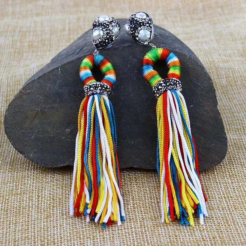 Wholesale  Latest Design Bohemian  Handmade Crystal Long Tassel Stud Earring