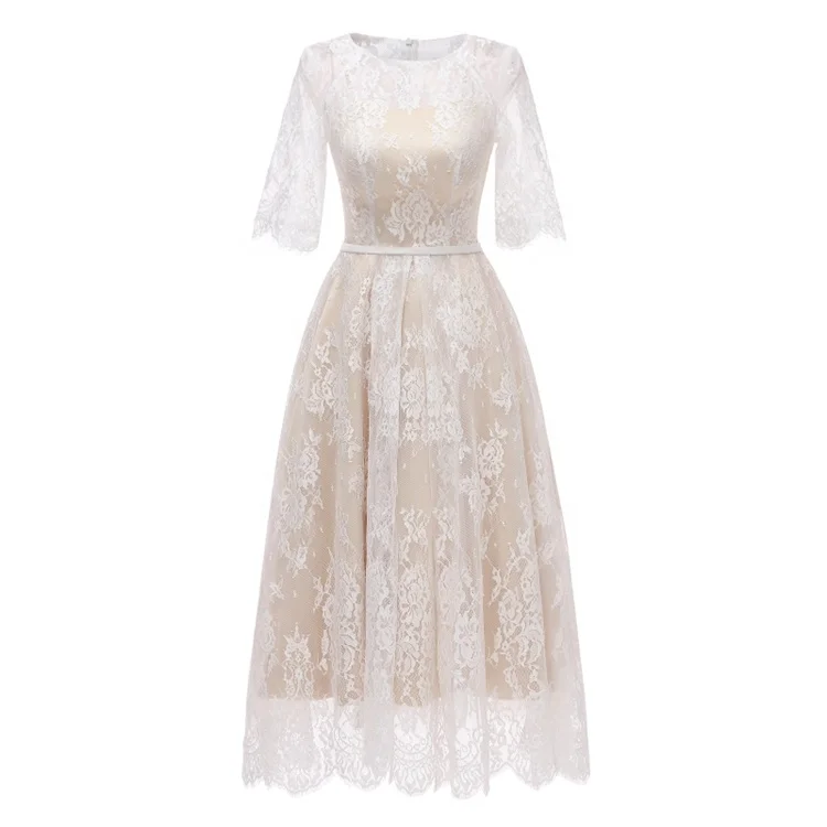 1617#Real PHOTOS Lace Half sleeve Tea-length A Line Vintage O-Neck Tea Length Bohemian Bridal Wedding gown vintage design