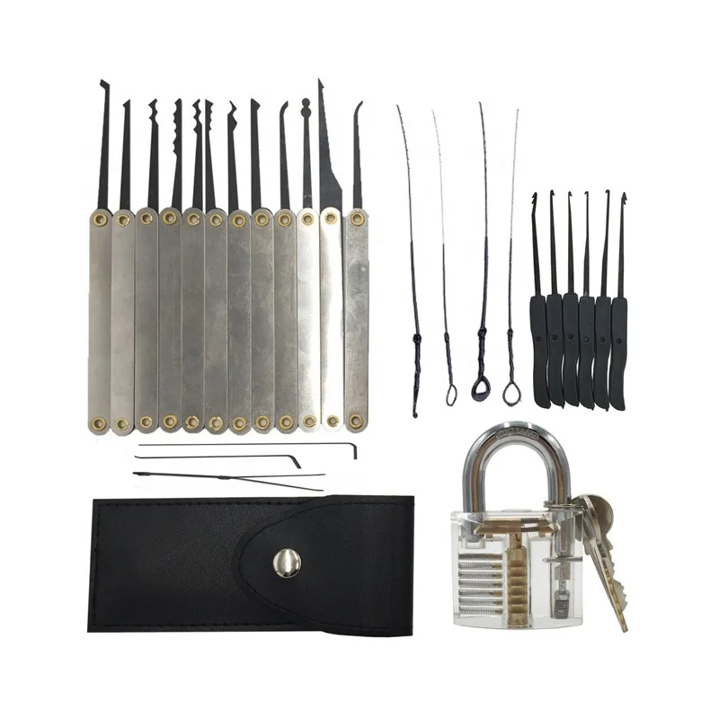 12pcs Unlocking black lock pick set 10pcs Key Extractor Set 1pc Transparent Practice Padlock