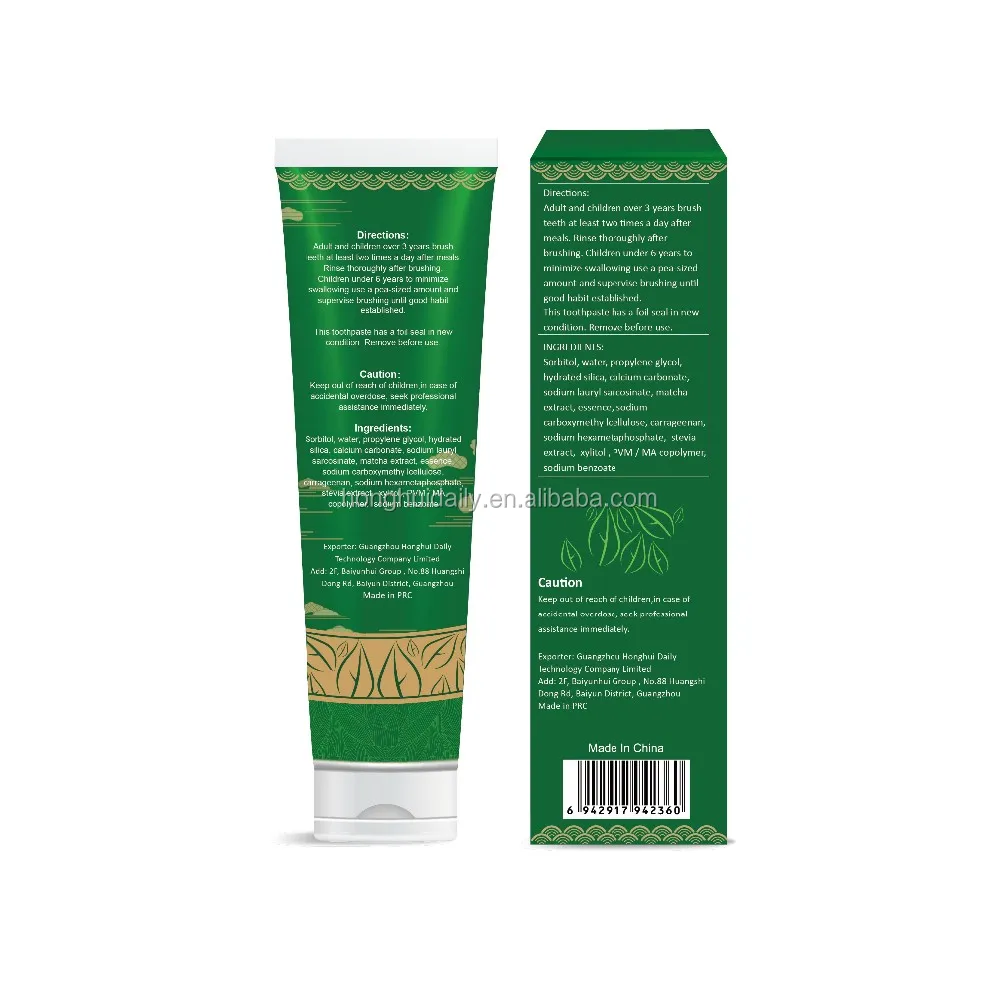 OEM Natural Fresh Breath Remove Stains Teeth Whitening Matcha Toothpaste 100g