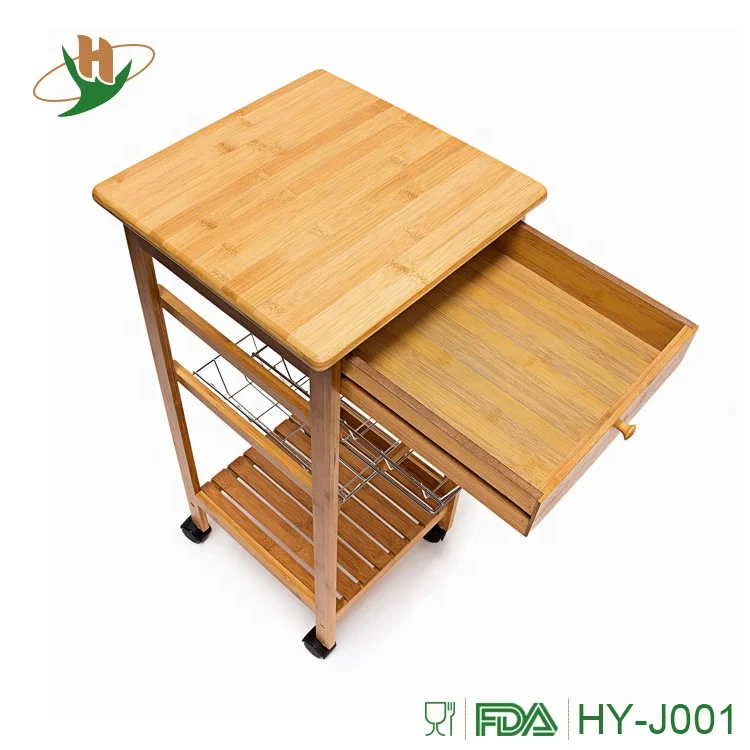 Home bamboo kitchen food delivery trolley with steel shelf