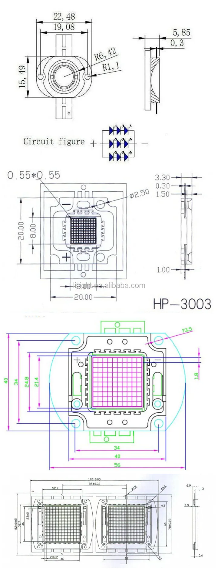 Power LED Package Blue Diode 440nm 450nm  460nm 470nm 480nm 490 nm 500nm LED 3W 5W 100W Epileds Chip