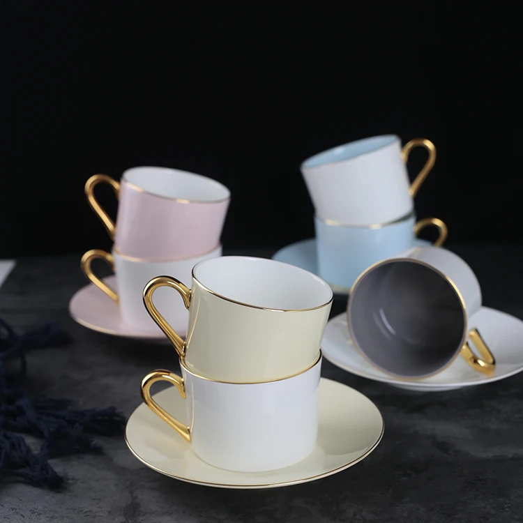 Customize Wholesale Ceramic Tea Cup Set Golden Rim Handle Design Fine Bone Pink Coffee Cup and Saucer