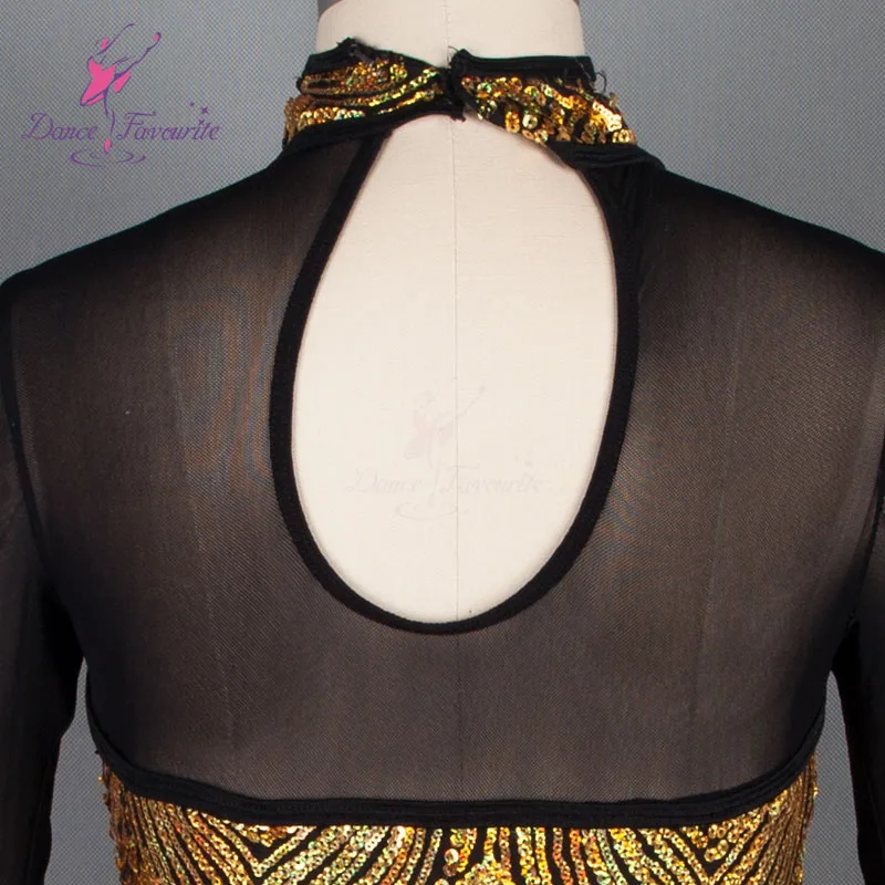 Long Sleeve Transparent Black Mesh Jazz & Tap & Hip Hop Dance Costumes with Gold Sequin Bodice 18526