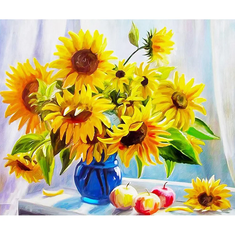 DIY Full Diamond Painting Sunflower Vase and Apples Round or Square Drill Diamond Embroidery Kits Home Decoration Gift Canvas