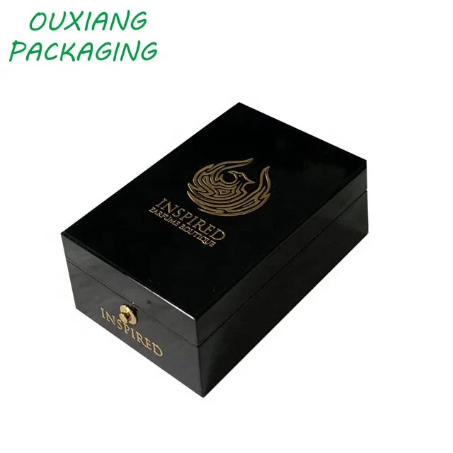 luxury piano black lacquer finish metal sticker logo perfume bottle gift box