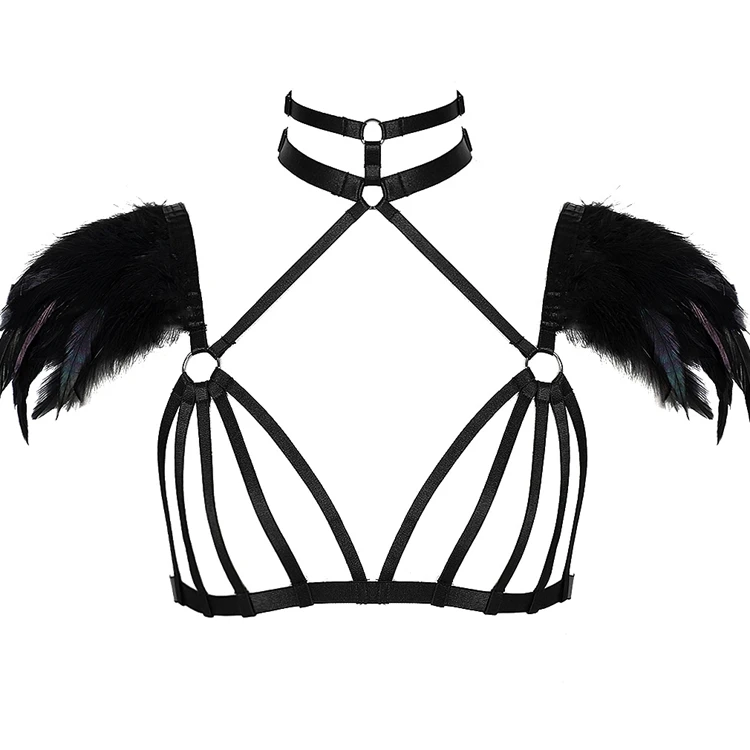 Black Strappy Crop Tops Lingerie Belt Feather Harness Epaulette for Women Adjust Elastic Punk Bralette Festival Rave Clothing
