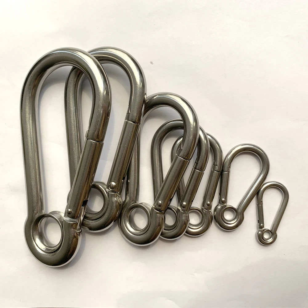 Stainless steel spring snap hook with nut and eyelet climbing hanging hiking carabiner hook